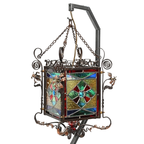 531 - A Victorian copper, brass and wrought iron mounted and leaded glass hall lantern, c1900, 56cm h; 35 ... 