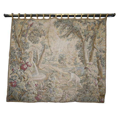 537 - An antique style wall hanging, of a dog hunting a pheasant in a garden landscape, 155 x 175cm and an... 