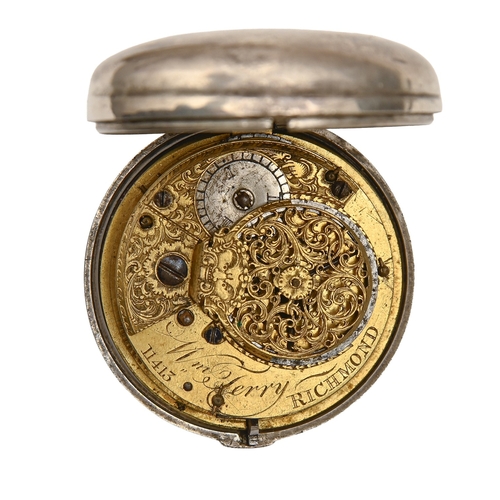 57 - A George III silver pair-cased verge watch, William Cherry, Richmond, No 11413, with enamel dial and... 