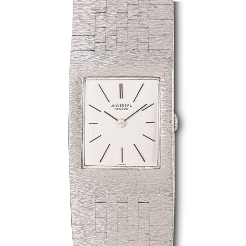 83 - A Universal white gold rectangular wristwatch, mechanical movement, 24 x 33mm, on maker’s integral t... 