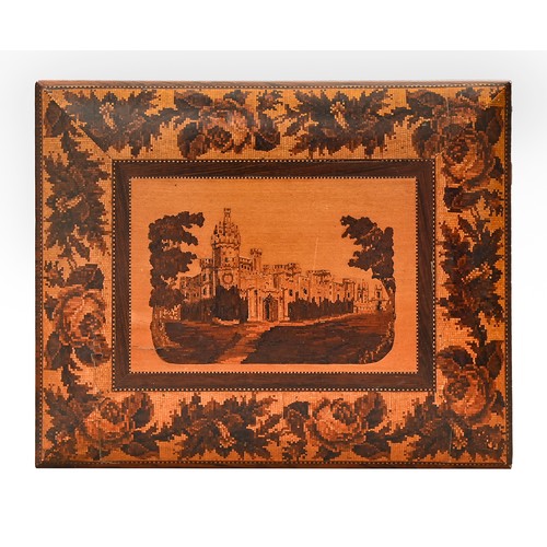 464 - A Victorian Tunbridge ware sewing box, of rosewood, the lid with a mosaic of Eridge Castle, further ... 