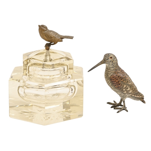 116 - A Vienna cold painted bronze sculpture of a woodcock, early 20th c, 8.5cm h and an hexagonal glass i... 