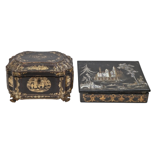 129 - A Chinese black and gold export lacquer tea chest, mid 19th c, containing pair of pewter tea caddies... 