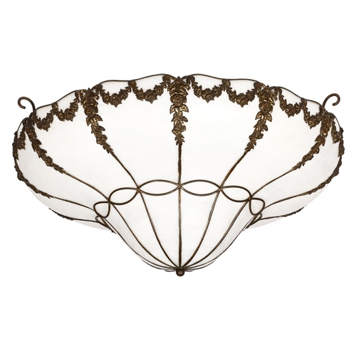 148 - A pair of white marbled glass ogee hanging lamp shades, applied with stamped metal festoons, c1920, ... 