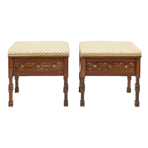 202 - A pair of Victorian mahogany music stools,  with fretted sides, 48cm h; 38 x 49cm