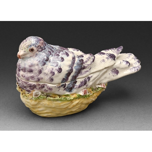 47 - A Derby dove tureen and nest, c1765, the bird with purple violet and blue foliage, the interior with... 