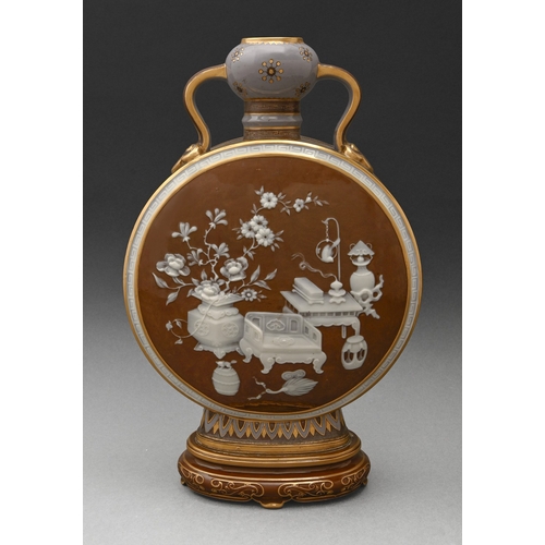 60 - A Mintons pate-sur-pate pilgrim bottle, c1875,  finely painted to either side with a group of seven ... 