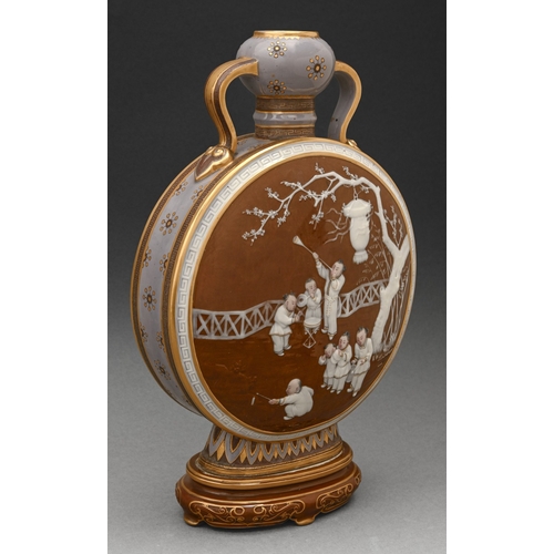 60 - A Mintons pate-sur-pate pilgrim bottle, c1875,  finely painted to either side with a group of seven ... 