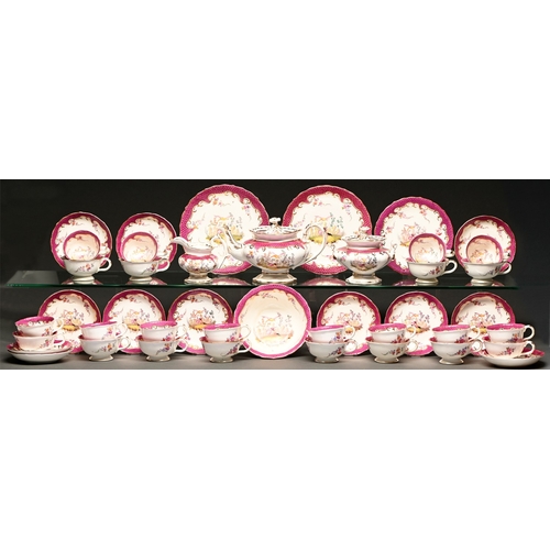 72 - A C J Mason puce scale bordered bone china tea and coffee service, c1830, printed and painted with b... 