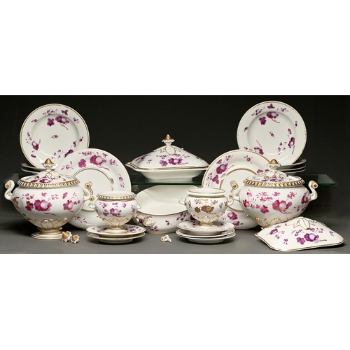74 - Two matching Flight, Barr & Barr dinner services, c1830, boldly painted in bright puce or purple... 