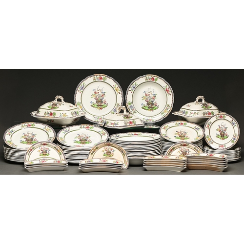 82 - A Copeland sepia printed earthenware Old Bow pattern dinner service, early 20th c, impressed and pri... 