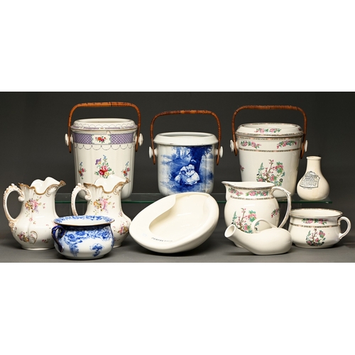 86 - Chamber ware.   Miscellaneous English and French pottery and porcelain jugs, chamber pots and slop p... 