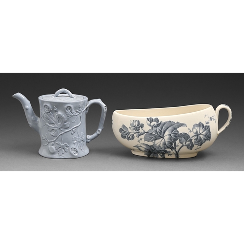 11 - A Spode blue earthenware teapot and cover, c1840, moulded as a tree trunk with climbing vines, 13cm ... 