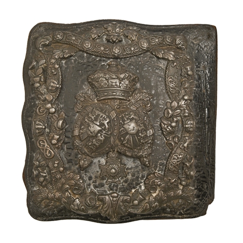 127 - Royalty. A royal silver mounted black leather carriage horse harness blinder, with central high reli... 