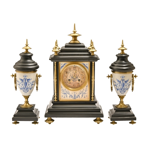 139 - A French brass mounted slate clock garniture, late 19th c, the porcelain enamelled with blue flower ... 