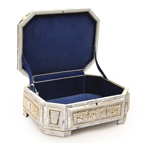 149 - A royal presentation carved mother-of-pearl and abalone jewel box, mid 20th c, the wooden box veneer... 