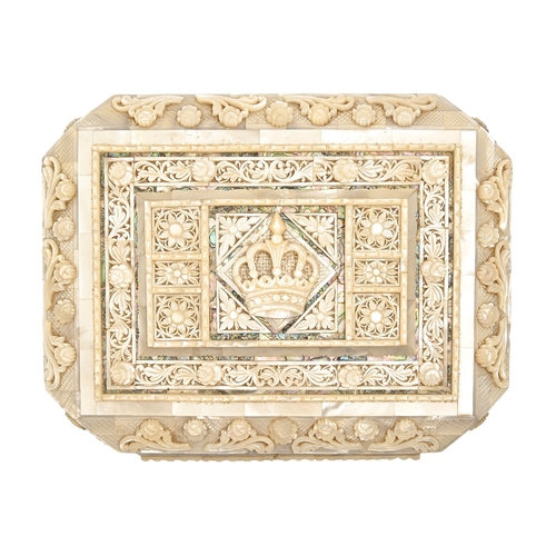 149 - A royal presentation carved mother-of-pearl and abalone jewel box, mid 20th c, the wooden box veneer... 