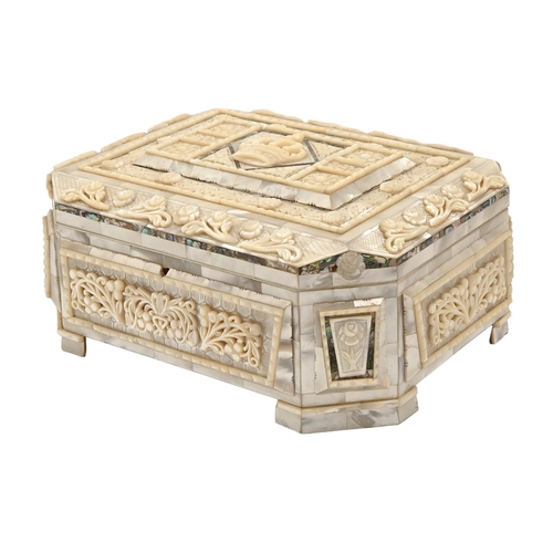149 - A royal presentation carved mother-of-pearl and abalone jewel box, mid 20th c, the wooden box veneer... 