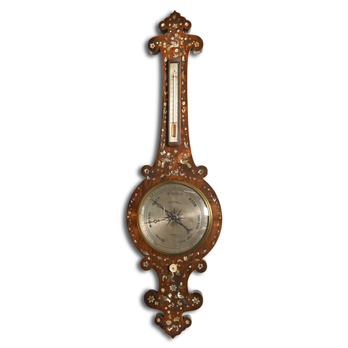 161 - A Victorian rosewood lotus pattern barometer, inlaid in mother-of-pearl and wire with birds and flow... 