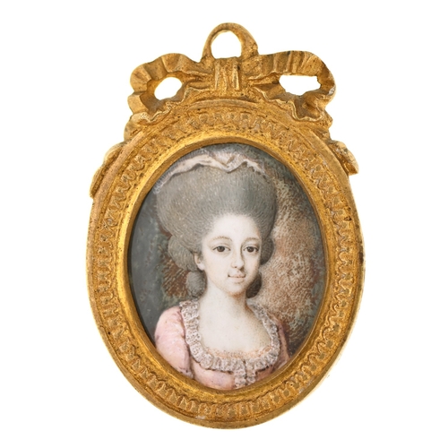 223 - French School, 18th century - Portrait of a Lady, head and shoulders in lace trimmed pink dress, ivo... 
