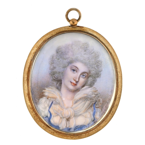 226 - French School, late 19th century - Portrait Miniature of a Lady, head and shoulders in light grey po... 