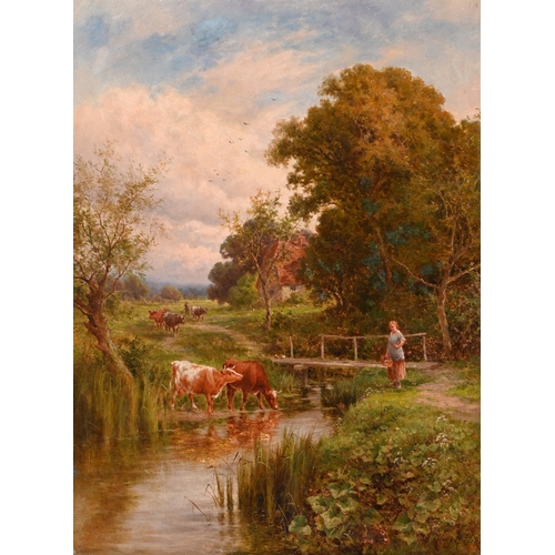 265 - Henry Hillingford Parker (1858–1930) - Across the Stream, cattle watering, flanked by their dairy ma... 