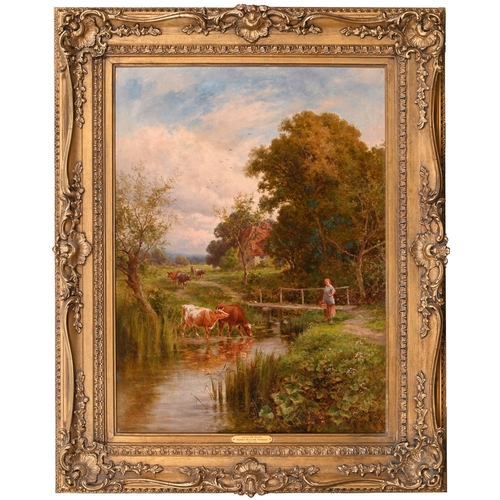 265 - Henry Hillingford Parker (1858–1930) - Across the Stream, cattle watering, flanked by their dairy ma... 