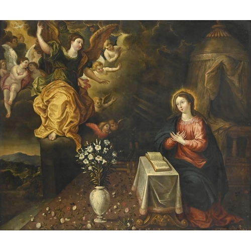 266 - Circle of Maarten de Vos - The Annunciation&nbsp;with a Carpet of Flowers, oil on canvas, 87 x 103cm... 