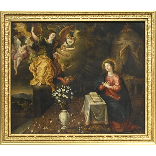 266 - Circle of Maarten de Vos - The Annunciation&nbsp;with a Carpet of Flowers, oil on canvas, 87 x 103cm... 