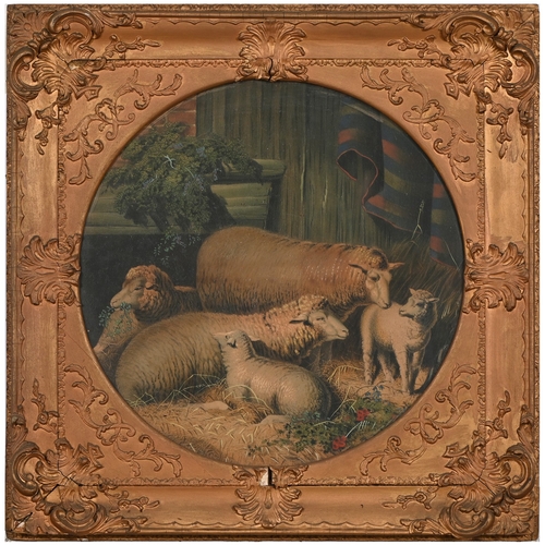 295 - A set of nine gilt and composition shaped square frames, c1870, enclosing Victorian chromolithograph... 