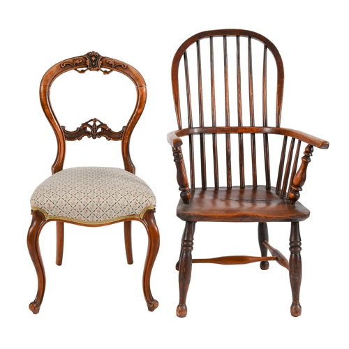 351 - A yew wood high back Windsor chair, early 19th c, with ash seat, seat height 39cm and a Victorian ca... 