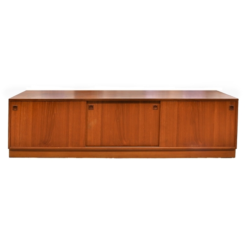 360 - A mid-century modern teak sideboard, 1960s, with three sliding doors, 60cm h; 50 x 220cm... 