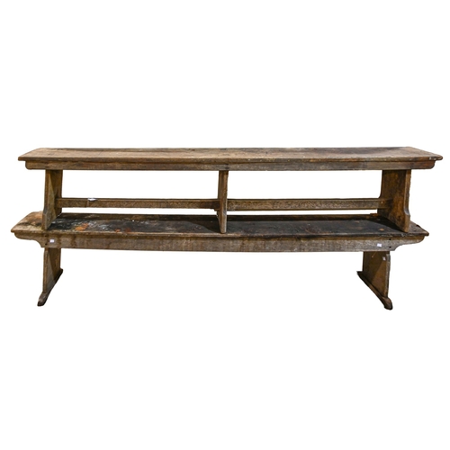 397 - A teak bench, with stretcher base, 46cm h; 144 x 25cm and another similar