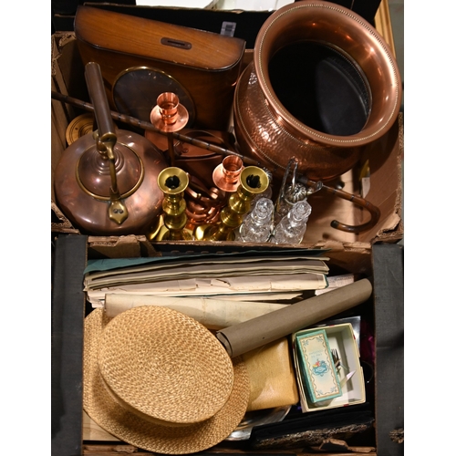 426 - Miscellaneous items, including round suitcase, copper jardiniere, kettle, plated ware, etc... 