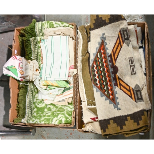 445 - Miscellaneous linens and fabric, to include flat weave rugs and curtains, etc