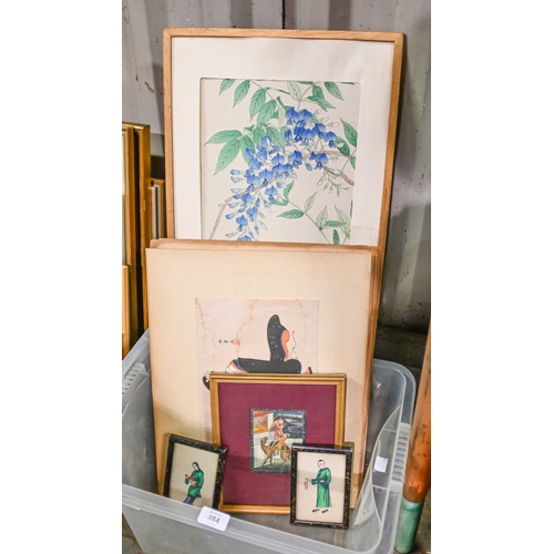 464 - Miscellaneous pictures and prints, to include a pair of Chinese paintings on rice paper, Indian Scho... 