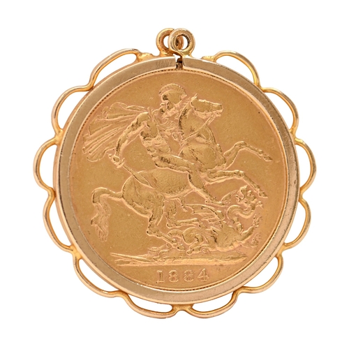 103 - Gold coin. Sovereign 1884, in gold mount, 9.4g