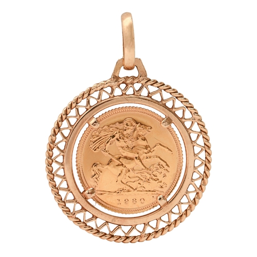 104 - Gold coin. Half Sovereign 1980, in 9ct gold pendant, 7.8g