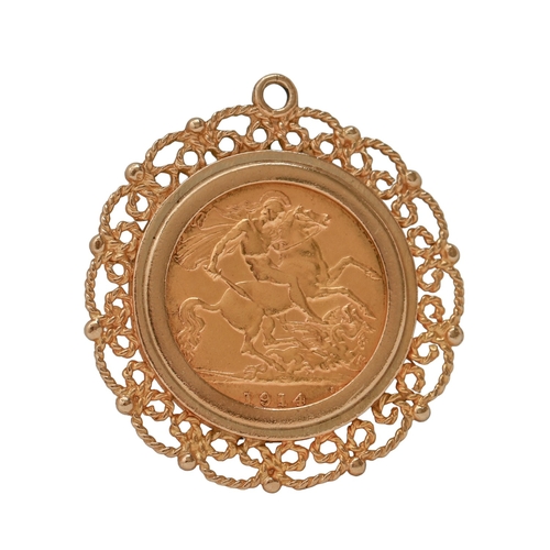 105 - Gold coin. Half Sovereign 1914, in gold mount, 7.2g