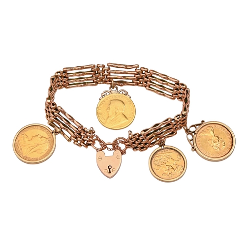 108 - A gold coin bracelet, the gold gate bracelet mounted with two Sovereigns, 1896M and 1978, Half Sover... 