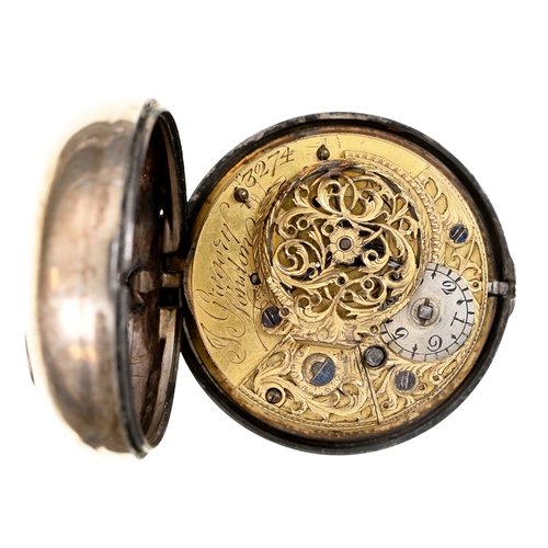 111 - A George III silver verge watch, J Gregory London No 3274, 4.5cm diam, marks rubbed