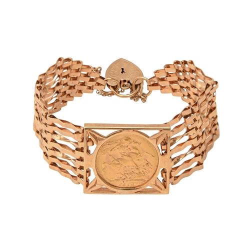 112 - Gold coin. Sovereign 1918M, set in a 9ct gold bracelet with padlock, 25.5g