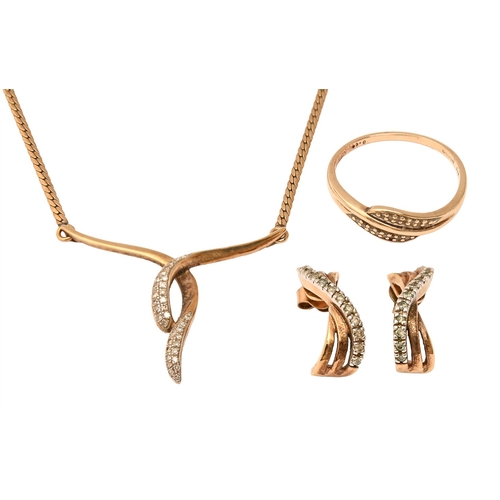 116 - A diamond necklet, ring and earrings, in 9ct gold, necklet 45cm l, 12g