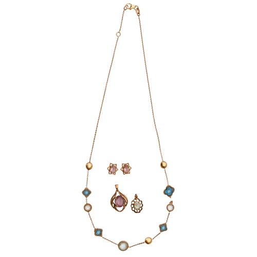 117 - Miscellaneous gold articles, comprising earrings, pendants and necklace, variously gem set... 