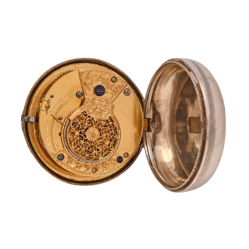 46 - An English silver pair-cased verge watch, unsigned, No 19270, with finely pierced and engraved watch... 