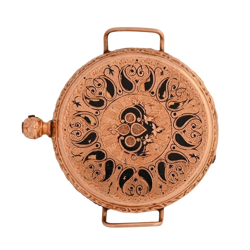 51 - A Swiss gold and black enamel keyless cylinder lady's watch, c1900, with later gold wire lugs, 3.5cm... 