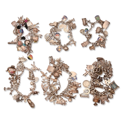 65 - Six silver charm bracelets, with a collection of silver charms, various lengths, 13oz 3dwt... 