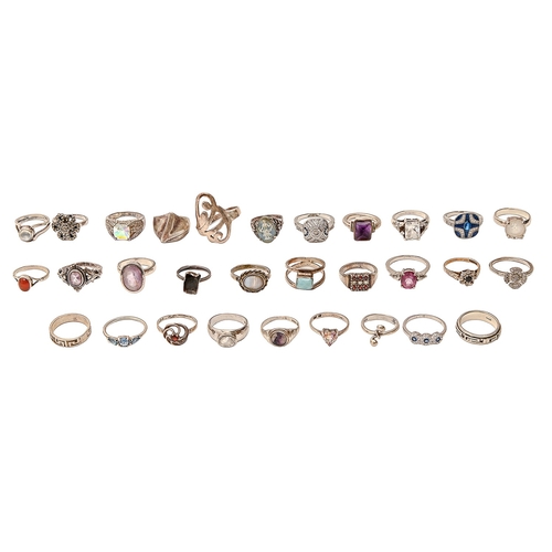 66 - Thirty silver rings, plain and variously gem set, various sizes, 3oz 8dwt