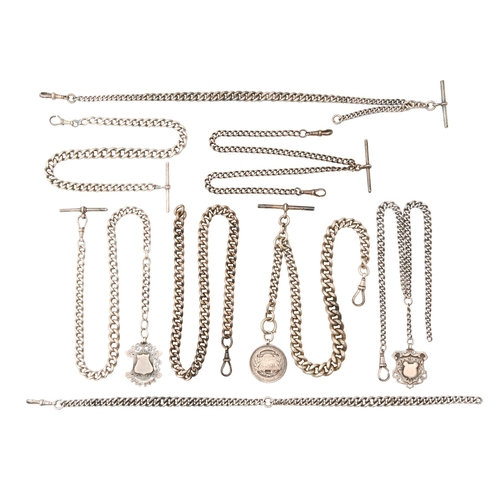 67 - Eight silver alberts, c1900, five with 'T'-bar, three with silver watch fob shield, 32-42cm l, links... 