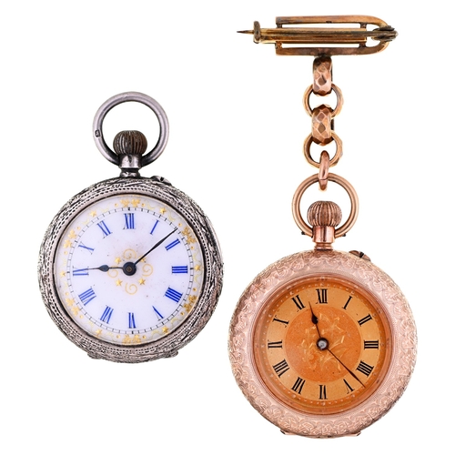 80 - A Swiss gold keyless cylinder lady's watch, c1900, in engine turned and engraved case, 5.4cm diam, s... 